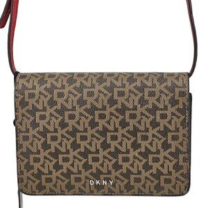 DKNY Bryant  R83EJ623 T&C Small Flap Tan Logo Clutch Crossbody Red Accents NWT